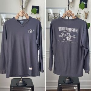 True Religion Grey Slim Fit Buddy Logo Vneck Long Sleeve Tshirt 2XL